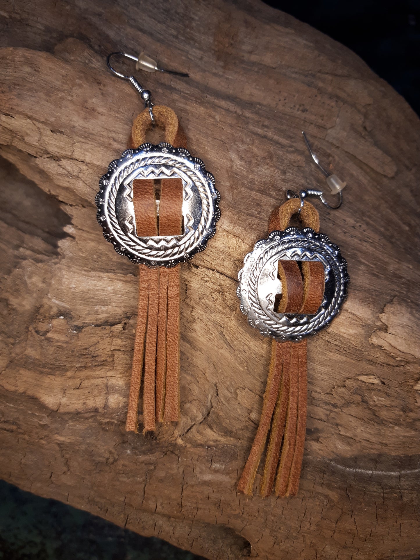 Concho Earrings- Silver/Brown