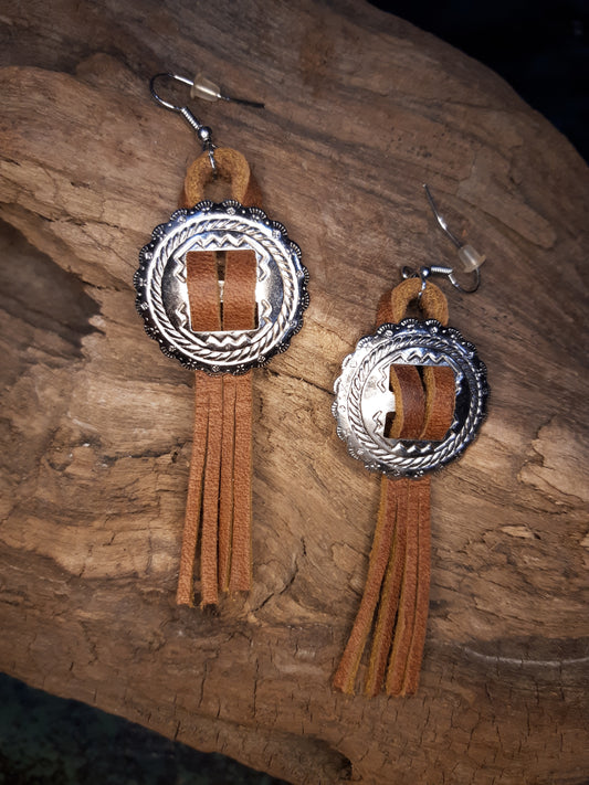 Concho Earrings- Silver/Brown