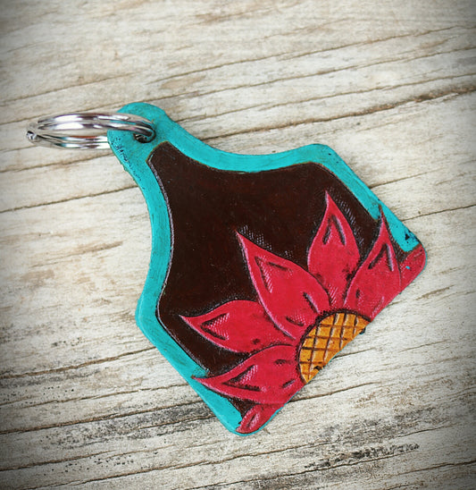 Pink Flower- Cow tag Keychain